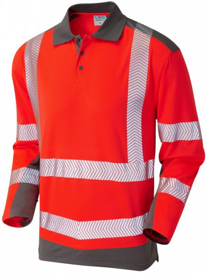 Leo Wringcliff Coolviz Plus L/S Polo Hi-Vis Red/Grey - Darba apģērbs - Darba apģērbs - 3XL-10XL