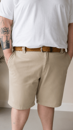 Kam Jeans 3402 Belted Dobby Weave Stretch Chino Shorts Beige - Šorti - Šorti - W40-W60